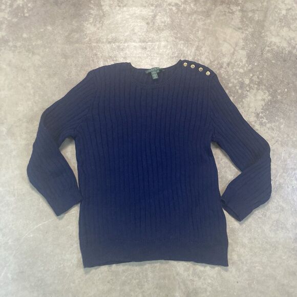 Ralph Lauren Sweater Womens Large‎ Ribbed Bootneck Blue Button Shoulder Basic - Picture 1 of 7